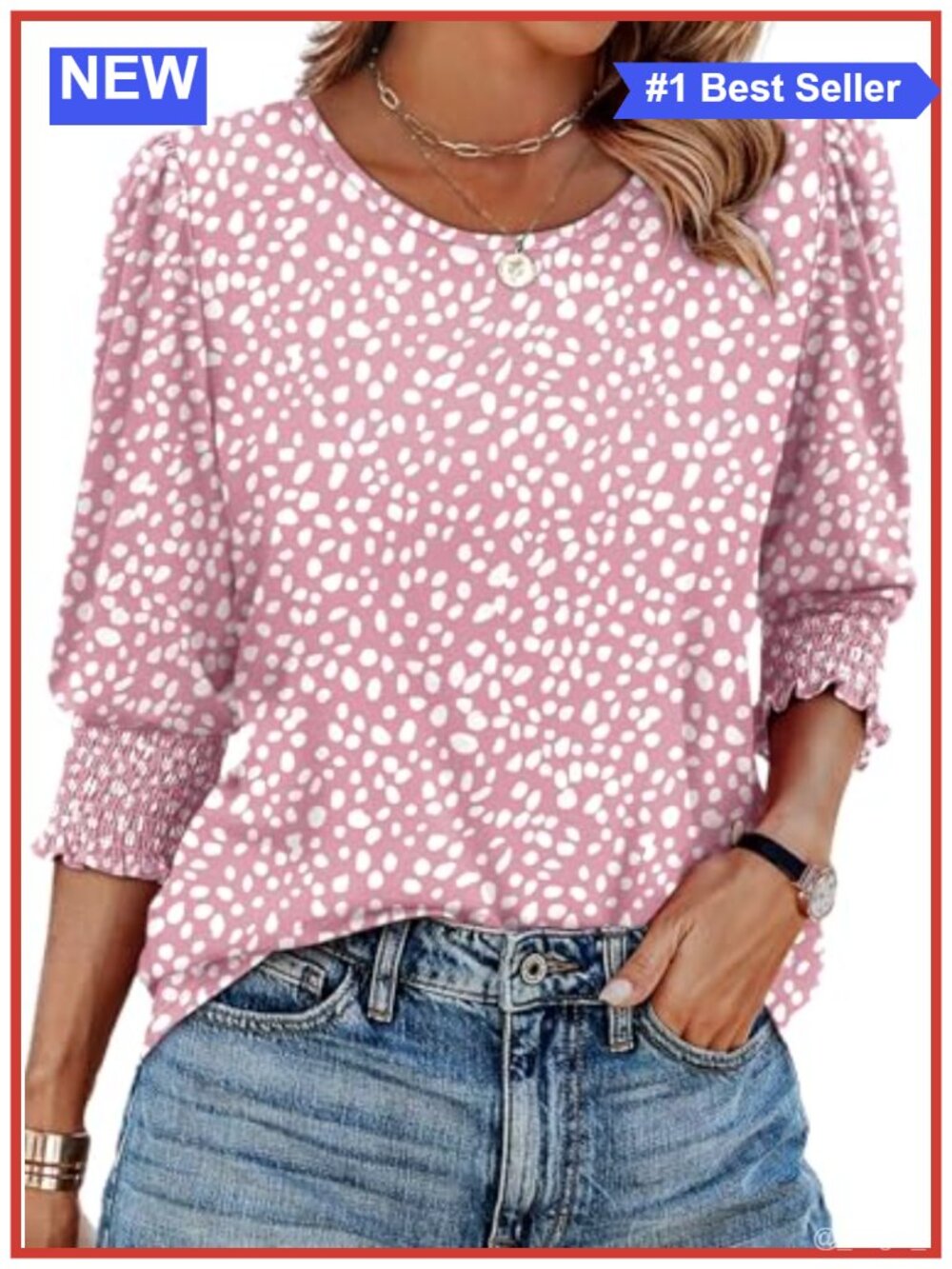 Women's 3/4 Sleeve Blouse with Smocked Cuffs - Dressy Casual Top, 95% Polyester